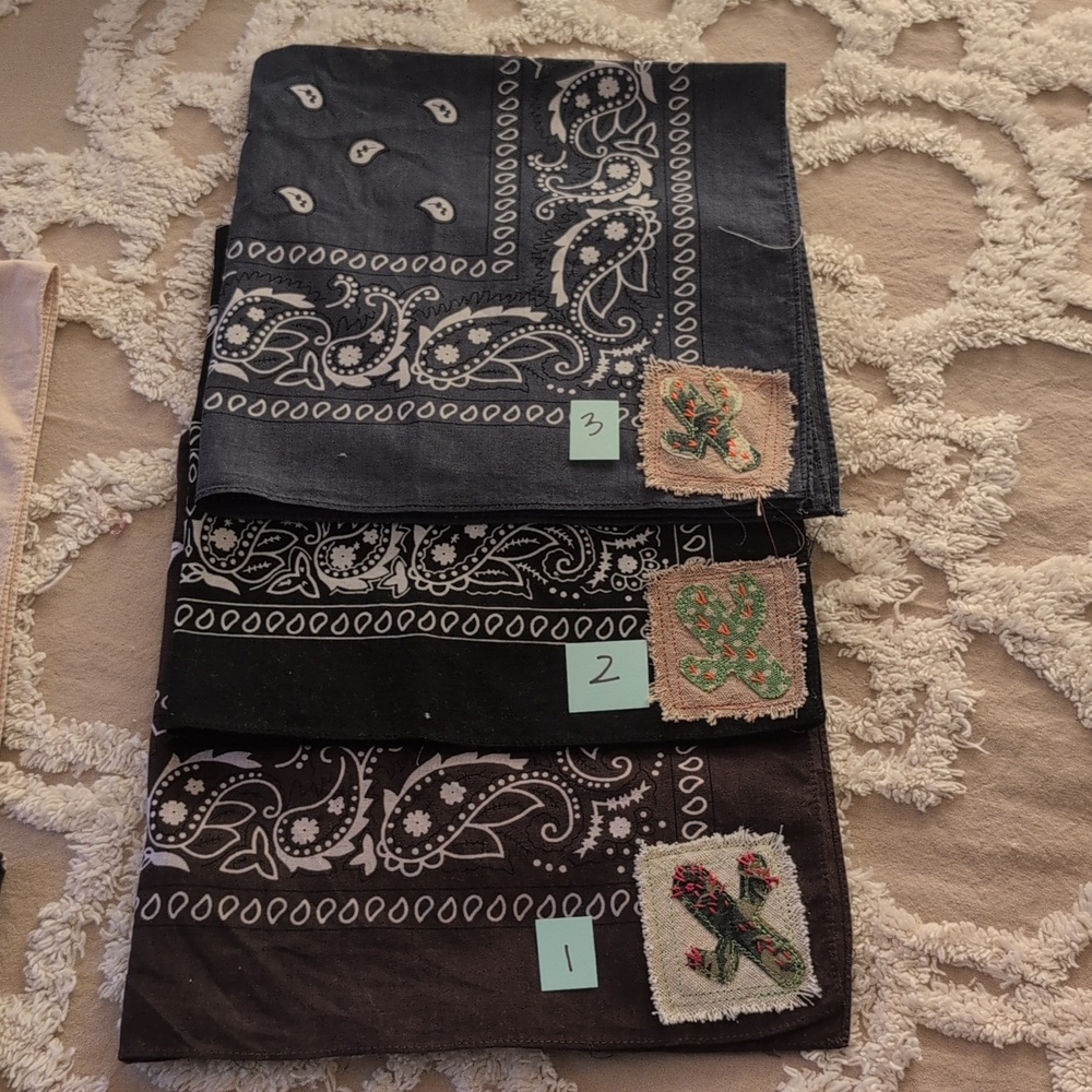 Bandana scarf w cactus, upcycled, embroidery cactus patch, Pick 1 HANDMADE ITEM - Picture 13 of 16